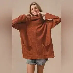 BiBi Piper Rib Double Pocket Turtle Neck Sweater